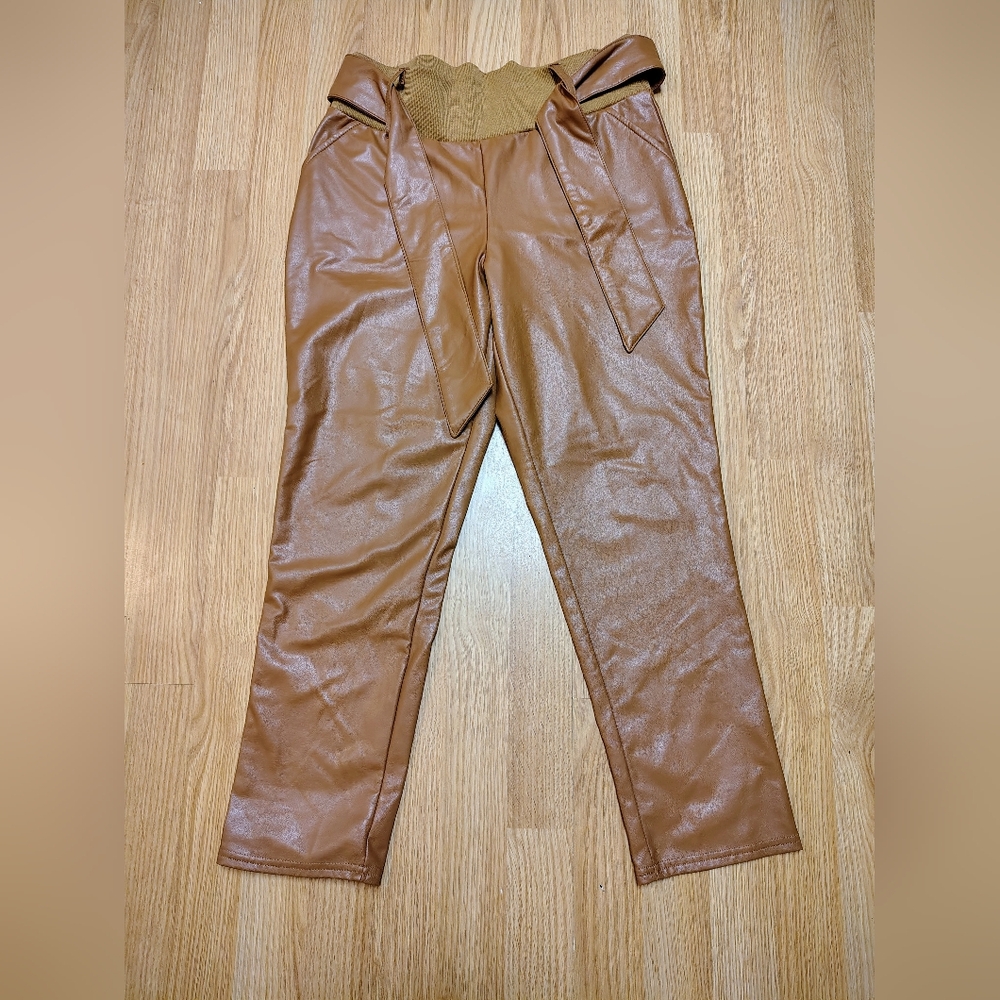 Rewash Brand ,Faux Leather, Woman's Tan ,Belted Pants, Size M